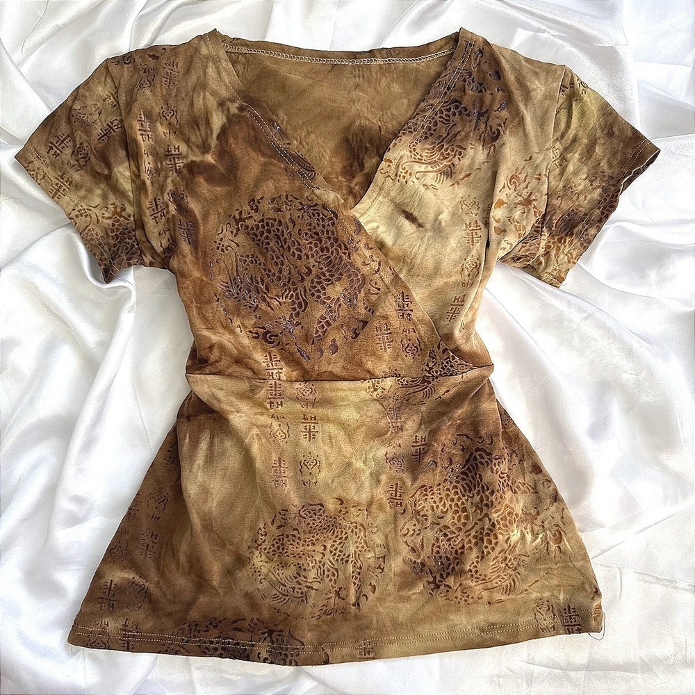 Orsay Brown Tie Dye Dragon Kanji Graphic Wrap Top Y2K Vintage Style Medium